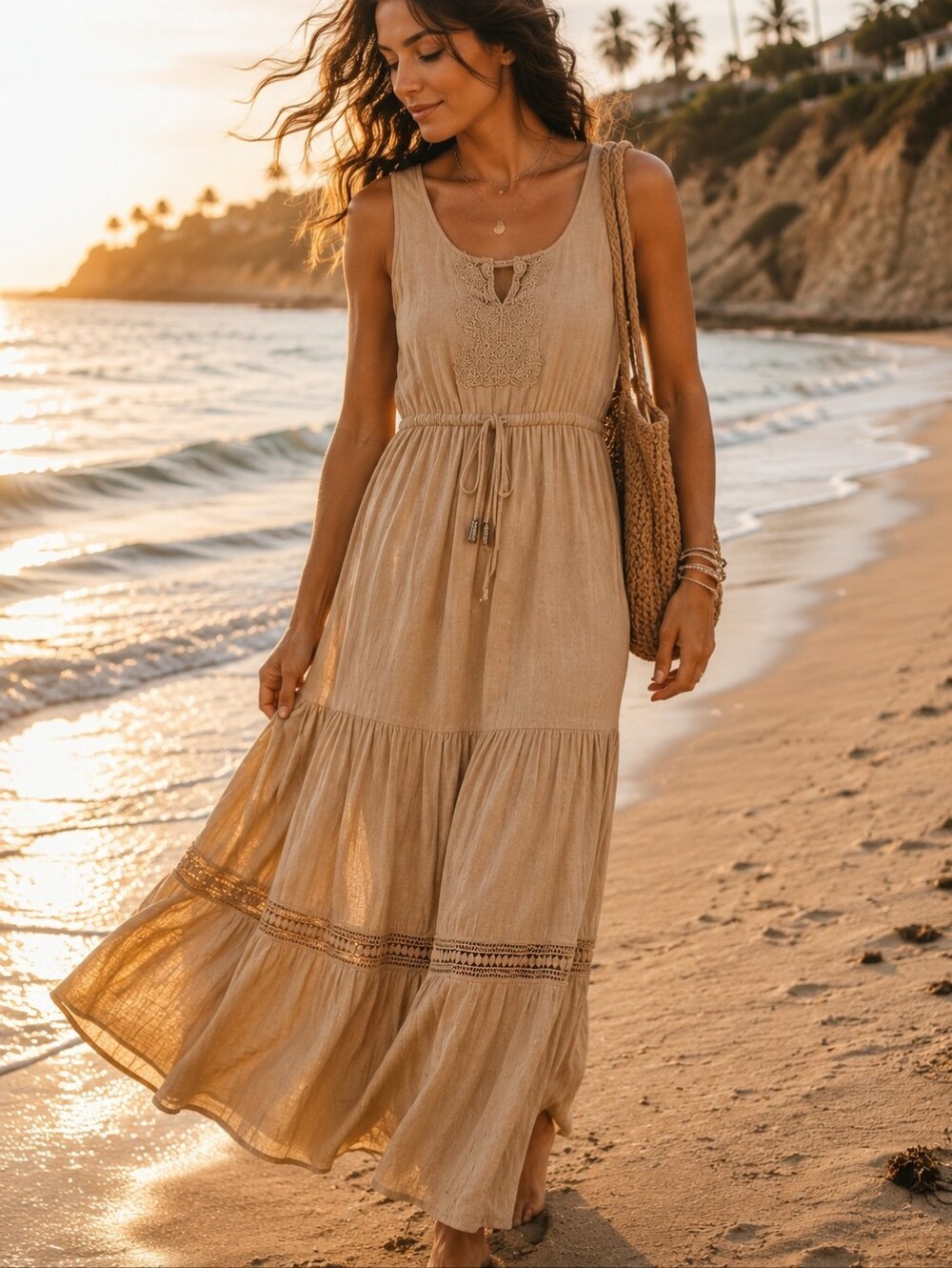 249. Indigo Rose Sleeveless Beige Tiered Maxi Dress with Crochet Detail